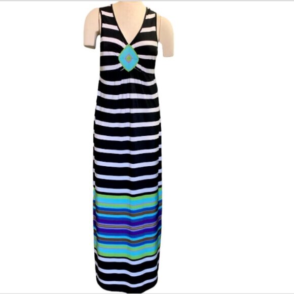 One World V-Neck Maxi Dress Stripes & Diamond Pattern Sz M 15G - Picture 1 of 9